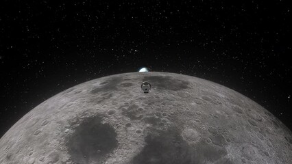 Wall Mural - Orion Artemis Capsule Fast Flyby Past Camera After Leaving Moon for Return Journey to Planet Earth with Stars Background - 3D CGI Animation 4K