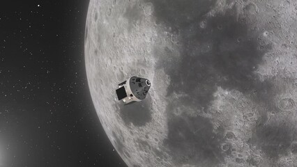 Wall Mural - Orion Artemis Capsule Elegantly Rotating Above Moon Surface Preparing for Landing with Stars Background - 3D CGI Animation 4K