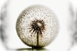  a close up of a dandelion on a white background with a blurry background and a reflection of the dandelion in the foreground.  generative ai