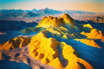  an aerial view of a mountain range in the desert, with a blue sky in the background and a few yellow mountains in the foreground.  generative ai