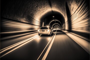  a car driving through a tunnel in the middle of the night with light streaks on the road and on the side of the tunnel is a car.  generative ai