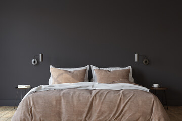 Wall Mural - Scandinavian bedroom. Bedroom with the dark wall. 3d render.