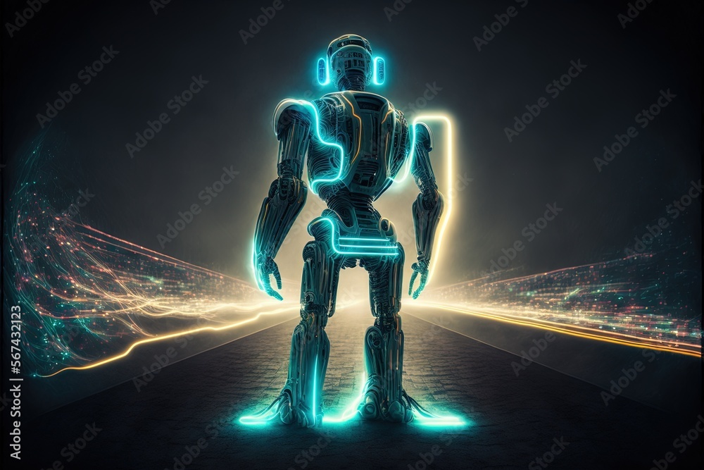 a robot standing in a dark room with neon lights on the floor and a ...