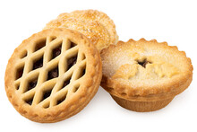 Three Types Of All Butter Mince Pies Isolated On White.