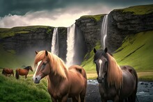 Majestic Group of Icelandic Horses Grazing at Seljalandsfoss Waterfall in Southern Iceland. Photo AI