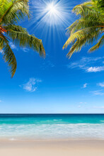 Sunny Tropical Beach. The Leaves Of Palm Trees Tropical Beach.  Summer Vacation And Tropical Beach Background Concept. 