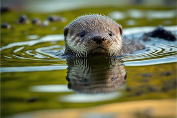  an otter swimming in the water with its head above the water's surface, with its head above the water's surface, and its reflection in the water.  generative ai