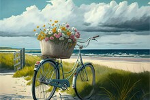  A Painting Of A Bicycle With A Basket Full Of Flowers On The Front Of The Bike, On A Path To The Beach, With A Cloudy Sky And Sea In The Background.  Generative Ai