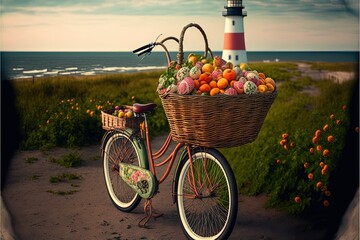 Sticker -  a bicycle with a basket full of fruit parked on a path near the ocean with a lighthouse in the background in a surrealistic photo.  generative ai