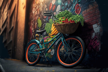 Sticker -  a bicycle with a basket full of fruit and vegetables parked next to a wall with graffiti on it and a brick wall with a graffiti on it.  generative ai