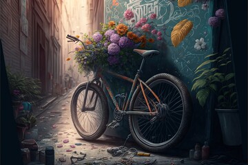 Sticker -  a painting of a bicycle parked next to a flower pot with flowers in the basket on the side of a building with a blue wall.  generative ai