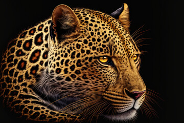 Poster - Beautiful large leopard in close up, isolated on a dark background. Generative AI