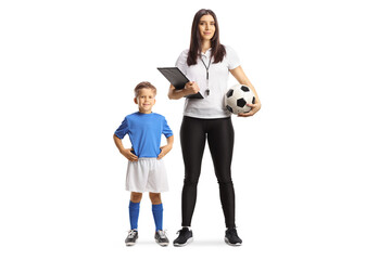 Canvas Print - Boy posing next to a female football coach