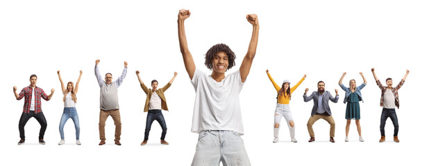 african american young man cheering and other people behind raising arms