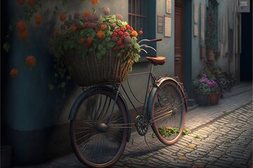 Sticker -  a painting of a bicycle with a basket full of flowers on the front of it on a cobblestone street in front of a building.  generative ai