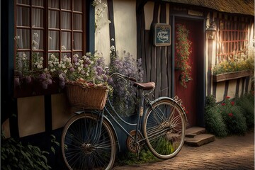 Sticker -  a bicycle parked next to a building with flowers on the side of the building and a basket of flowers on the front of the building.  generative ai