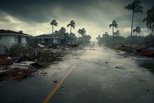Hurricane Ian Destroyed Homes In Florida Residential Area. Natural Disaster And Its Consequences. Generative AI
