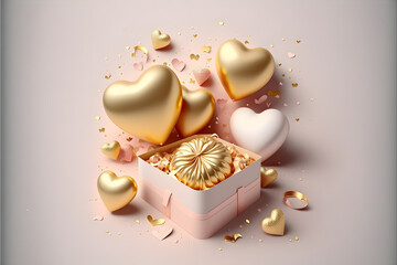 Romantic creative composition. Happy Valentine's Day. Realistic 3d festive decorative objects, heart shaped balloons, falling gift box, glitter gold confetti. made with Generative AI technology