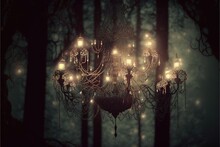  A Chandelier Hanging From A Tree In A Dark Forest With Lights Shining On The Branches Of The Trees And The Lights On The Branches.  Generative Ai