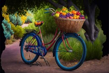  A Painting Of A Bicycle With A Basket Of Fruit On The Back Of It, On A Path Surrounded By Trees And Bushes, With A Bird On The Front Basket.  Generative Ai