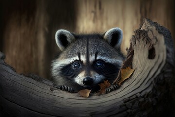 Poster -  a raccoon peeks out of a hollow in a tree trunk with leaves on it's side and looks at the camera.  generative ai