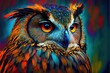  a colorful owl with orange eyes and a blue background is featured in this painting of a colorful owl with orange eyes and a blue background is featured in the foreground.  generative ai