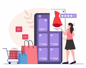 Wall Mural - Woman choosing dress in online shop and gives positive feedback, Online shopping on application and website concept.