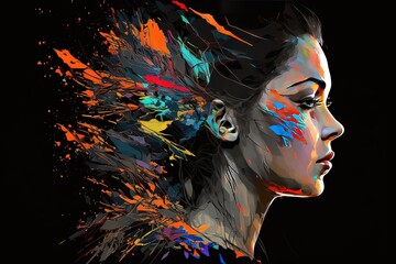 Illustrative Side Profile Portrait of a Painted Woman with Colorful Splashes - Digital Art,generative AI