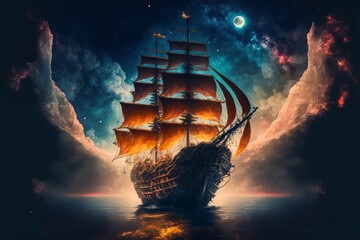 a sailing pirate ship that is discovering the mysteries of outer space and the universe generative a