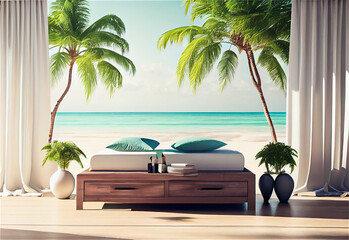 Wall Mural - Spa bed in a tropical beach with white sand and turquoise water, generative AI