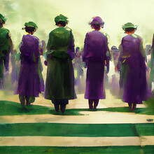 Suffragette March Women's Rights Group Purple White Green Organised Rally Demonstration Abstract Generative AI Tools Technology Illustration	