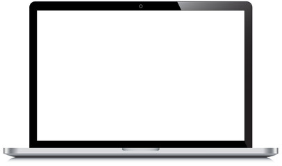 Realistic laptop open incline 90 degree isolated on background. Computer notebook with empty screen template. Blank space display on mobile computer layout. concept illustration