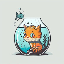 Illustration Of A Small Blue Fish Looking At The Aquarium With A Red Cat Into. Upside Down World Concept. Generative AI
