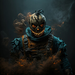 Wall Mural - Creepy face Halloween surrounded by smoke, glowing with light in the dark. Created using ai generative. 