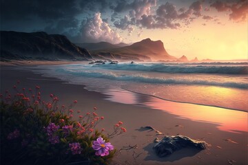 Wall Mural - Sunset on a wild sea beach, coastline and sand. Waves and sea surf on the background of mountains and flowers. Dawn in a cloudy sky Generative AI