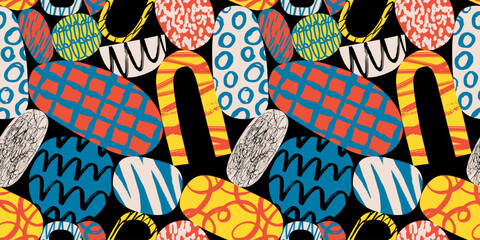 Aufkleber - Modern abstract art seamless pattern illustration with colorful big hand drawn shapes. Trendy contemporary background , random freehand doodle drawings, basic collage shape children design.