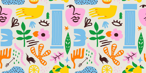 abstract summer nature shape art seamless pattern with colorful freehand doodle. organic flat cartoo