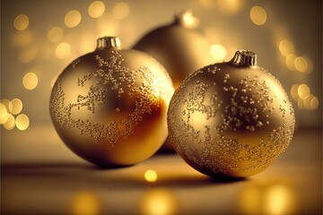 Wall Mural -  three shiny gold christmas ornaments on a gold background with boket lights in the backgroup of the image and a blurry boket background.  generative ai