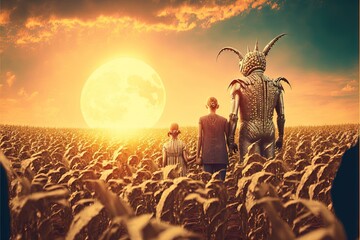 Wall Mural -  two people standing in a field of corn with a giant horned creature in the background at sunset with a full moon in the sky above.  generative ai