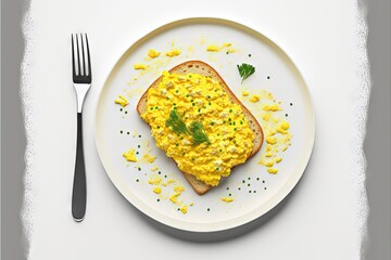 Poster -  a plate with a piece of toast topped with scrambled eggs and garnished with parsley on it and a fork next to it.  generative ai