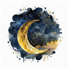 Wall Mural - Watercolor style moon in gold and purple. Generative ai
