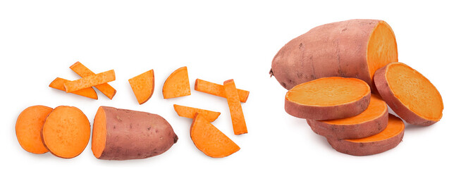 Sweet potato isolated on white background with copy space for your text. Top view. Flat lay.