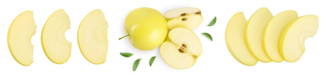 Wall Mural - yellow apple with half isolated on white background with full depth of field. Top view. Flat lay.