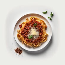 Top View Spaghetti With Bolognese Sauce And Basil On White Background