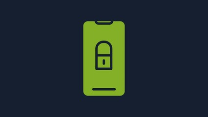 Poster - Yellow Smartphone with closed padlock icon isolated on blue background. Phone with lock. Mobile security, safety, protection concept. 4K Video motion graphic animation