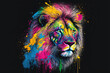 Colorful rainbow lion, abstract art, black background