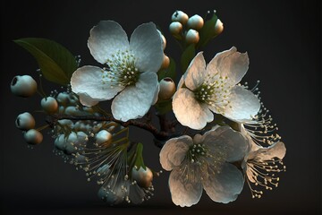 Wall Mural -  a close up of a white flower on a branch with leaves and buds on a black background with a black background with a black background.  generative ai