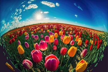 Sticker -  a field full of colorful tulips under a blue sky with a sun in the background and a person taking a picture of them.  generative ai