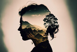 Fototapeta Desenie - Double exposure silhouette of a woman and a landscape