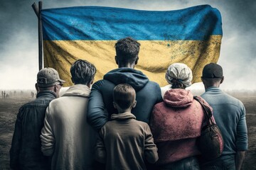 Wall Mural - Crowd of Ukrainian refugees from war in Ukraine with staff and children. Refugees, war and economy crisis. Ukrainian yellow and blue flag.